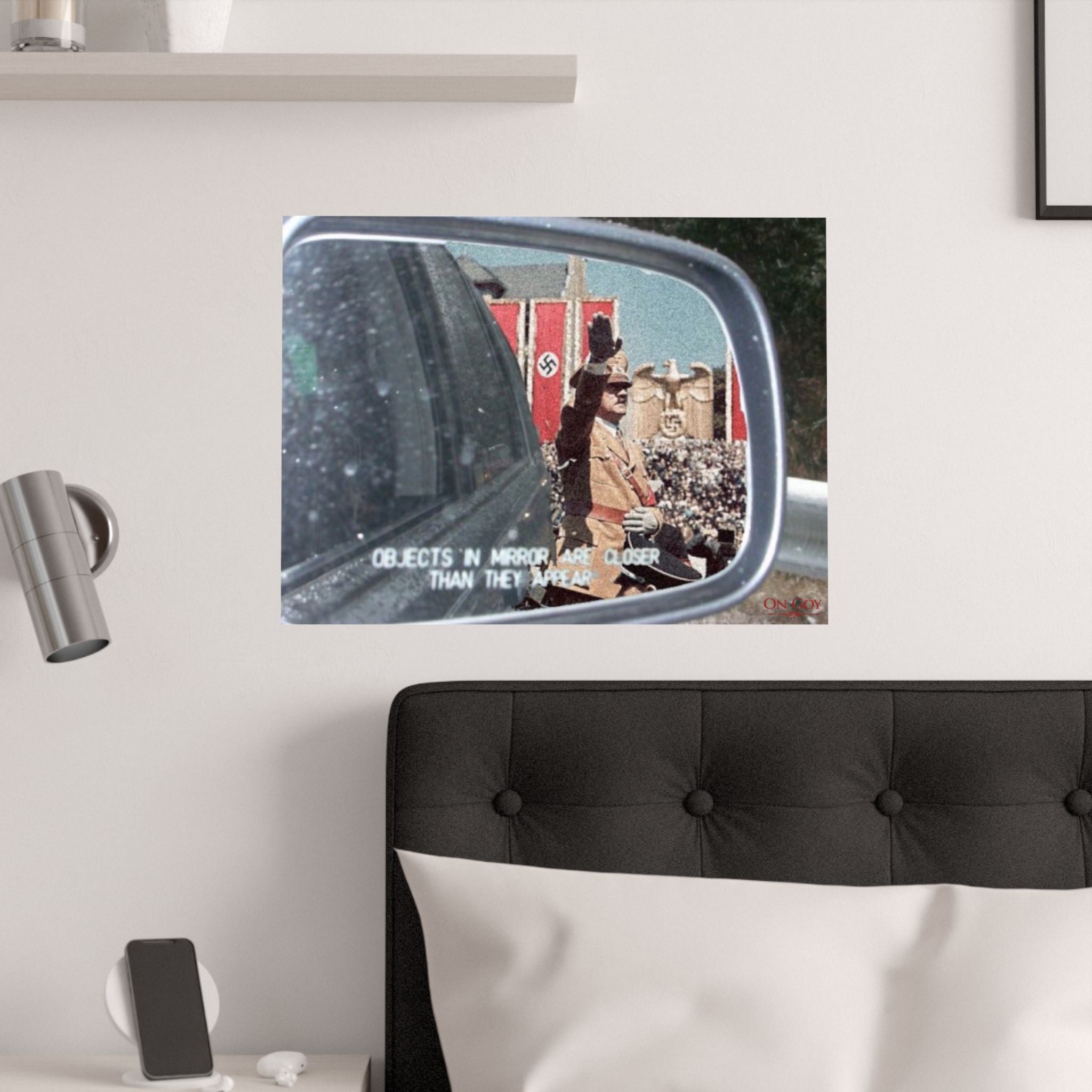 Objects in mirror are closer than they appear Satin Poster Large 26x18