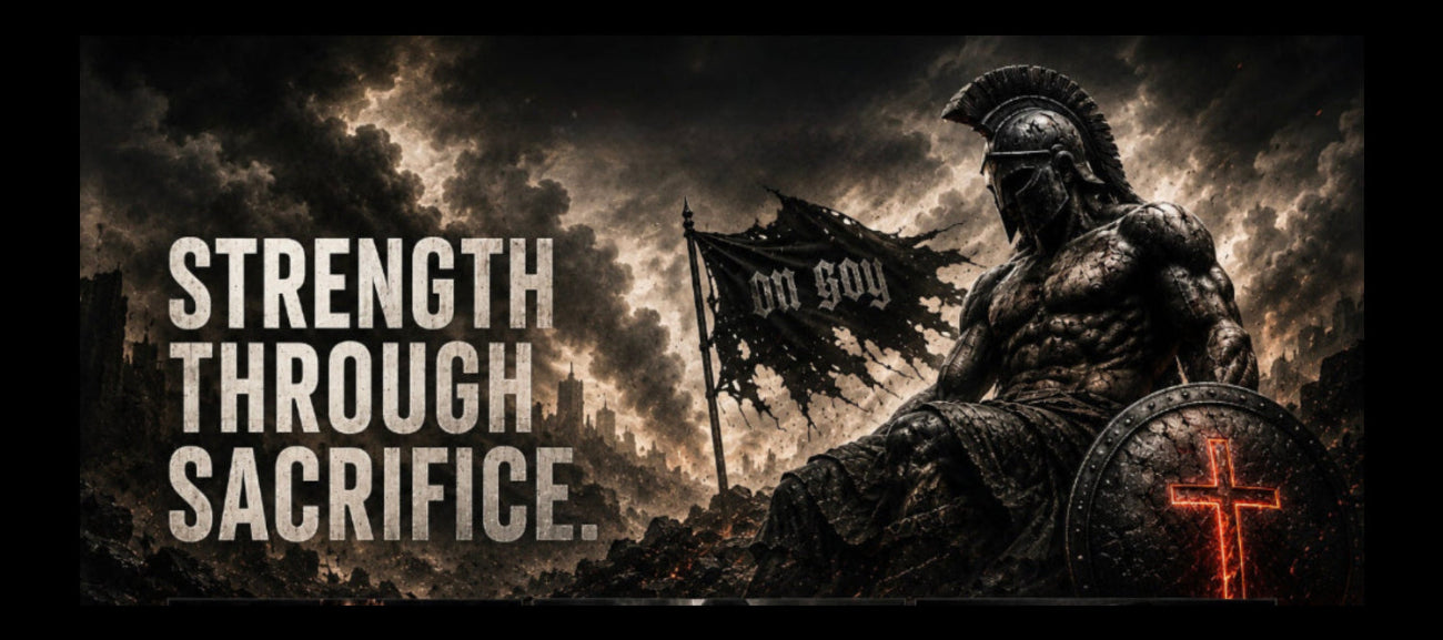 Spartan warrior with 'In Goy We Trust' flag and text 'Strength Through Sacrifice' against a dark, stormy sky.