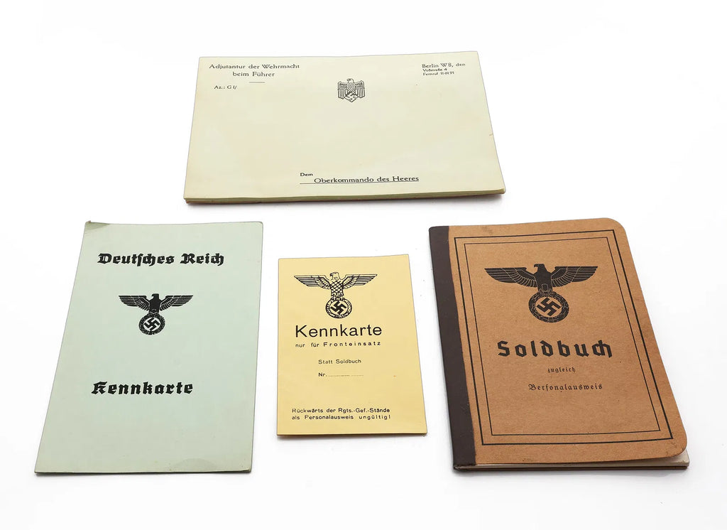 WWII German Reproduction Document Set – Blank Soldbuch, Command Stationary, Kennkarte, and Front-line ID