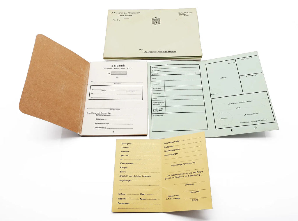 WWII German Reproduction Document Set – Blank Soldbuch, Command Stationary, Kennkarte, and Front-line ID